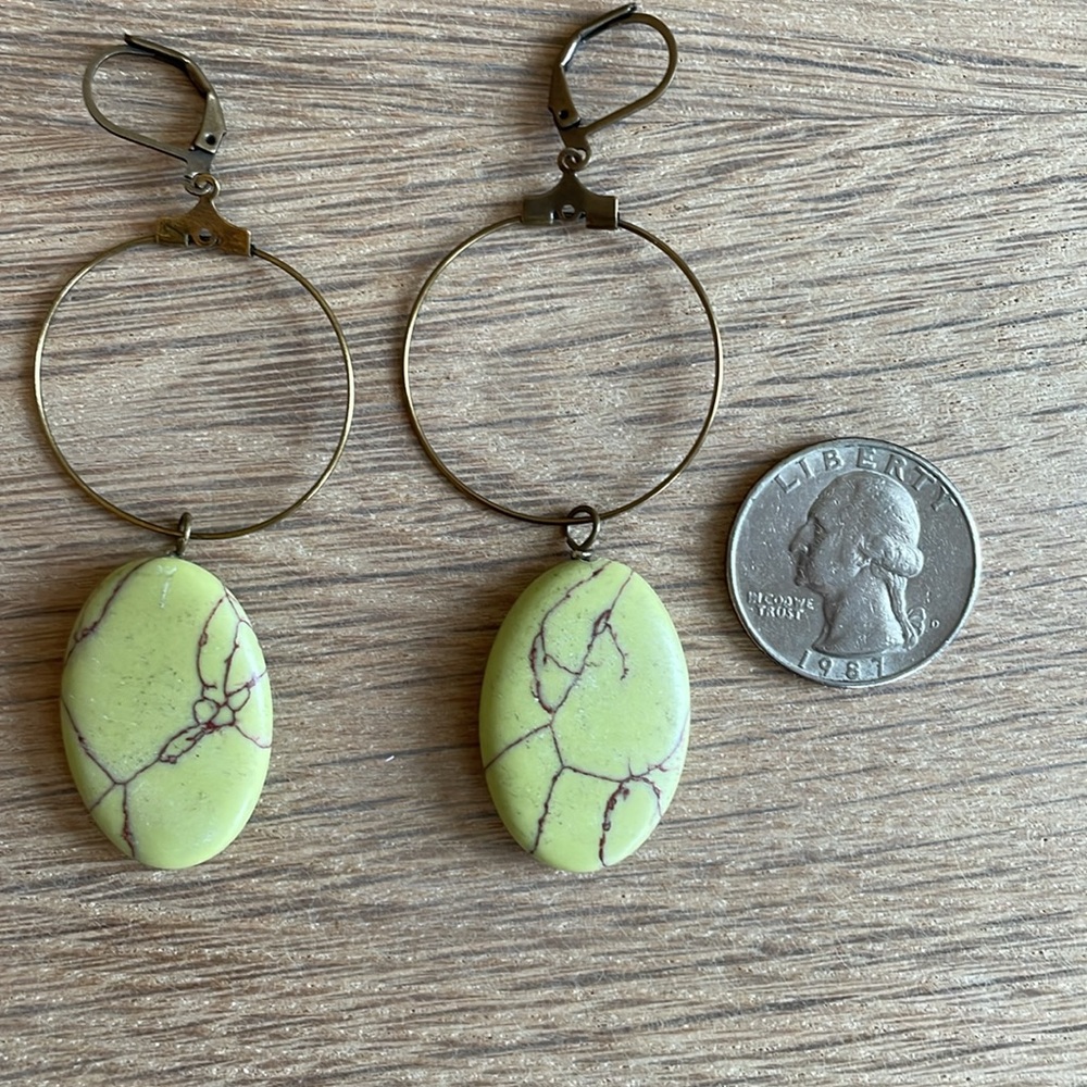 HAND CRAFTED PIERCED HOOP EARRINGS Green Brown Antiqued Brass Dangles Drops Hoop - Picture 10 of 14
